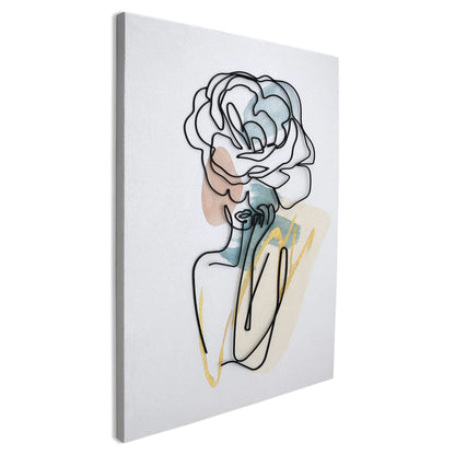 Handgefertigtes Metalldraht Wandbild: Kunstvolle Rosenblütenfrau, präsentiert in einem mehrfarbigen Design auf einer Leinwand.