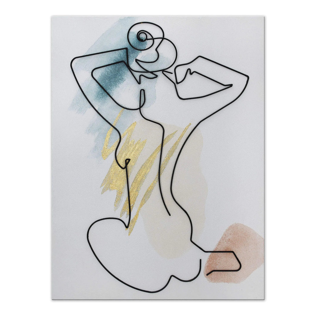 Handverziertes Leinwandbild mit Metalldrahtmuster – Eleganter Akt einer Frau, farbenfrohe Hintergründe in sanften Erdtönen, kunstvoll gestaltet.