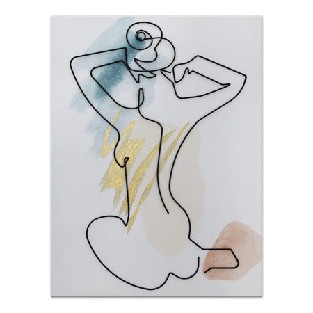 Handverziertes Leinwandbild mit Metalldrahtmuster – Eleganter Akt einer Frau, farbenfrohe Hintergründe in sanften Erdtönen, kunstvoll gestaltet.