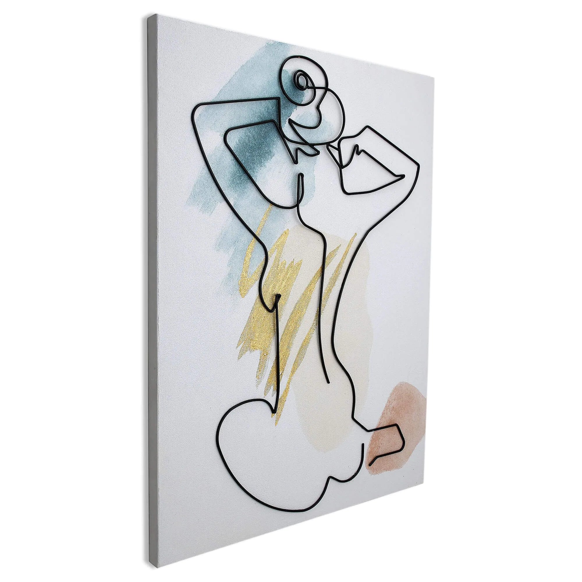 Handverziertes Leinwandbild Mit Metalldrahtmuster – Elegant Akt Einer Frau, Fertig Zum Aufhängen, zeigt eine stilisierte Darstellung einer Figur mit kreativen Linien und sanften Farben.