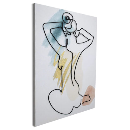 Handverziertes Leinwandbild Mit Metalldrahtmuster – Elegant Akt Einer Frau, Fertig Zum Aufhängen, zeigt eine stilisierte Darstellung einer Figur mit kreativen Linien und sanften Farben.