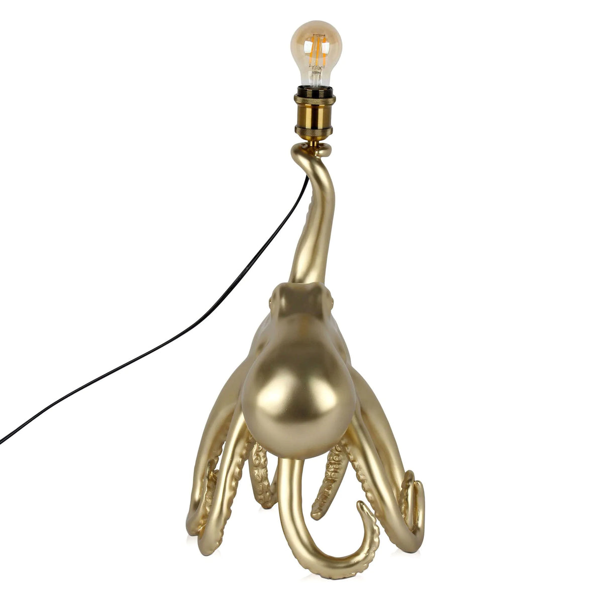 Detailansicht der Skulptur Tischlampe Krake Gold, die das einzigartige Pop-Art Design und den Metalleffekt aus hochwertigem Harz zeigt.