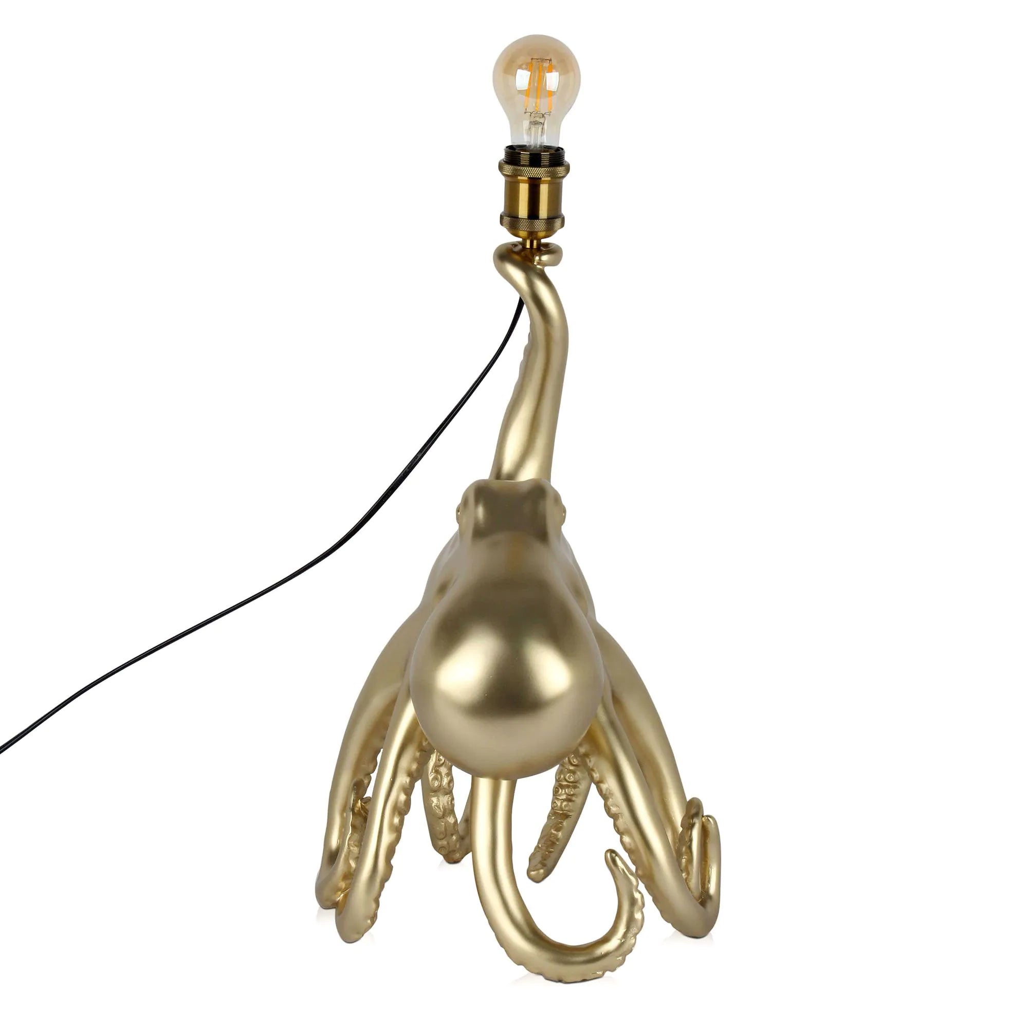 Detailansicht der Skulptur Tischlampe Krake Gold, die das einzigartige Pop-Art Design und den Metalleffekt aus hochwertigem Harz zeigt.