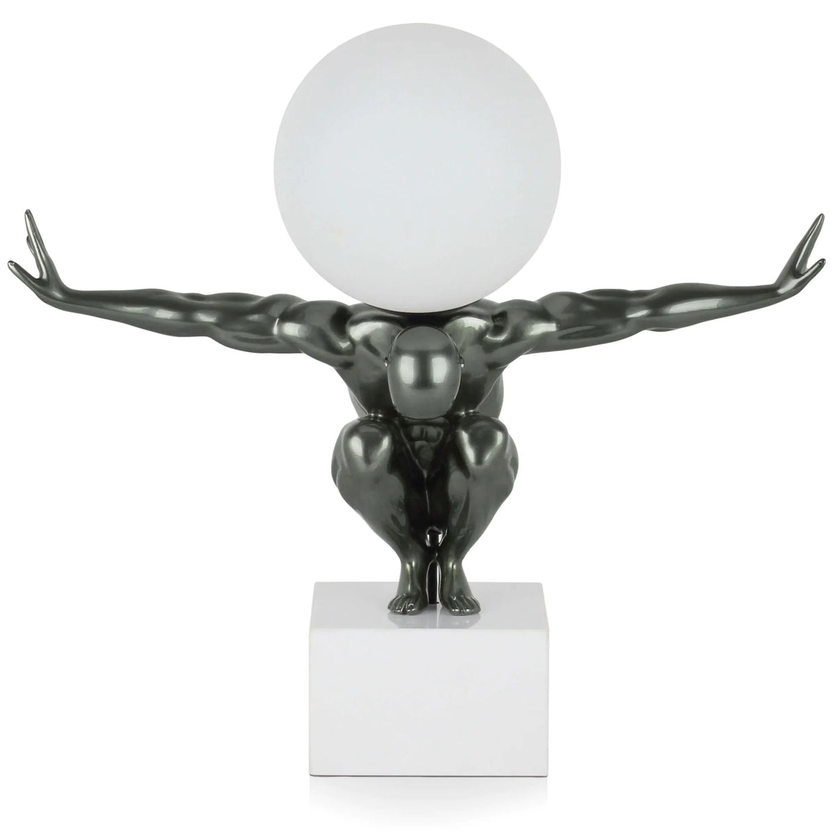 Moderne Tischlampe Equilibrio Anthrazit - Kunstharz mit Metalloptik und Marmorsockel in stilvollem Wohnzimmer-Setting, ideale Beleuchtung für elegantes Interior.