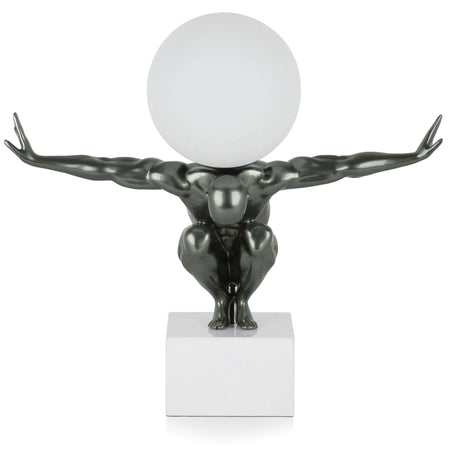 Moderne Tischlampe Equilibrio Anthrazit - Kunstharz mit Metalloptik und Marmorsockel in stilvollem Wohnzimmer-Setting, ideale Beleuchtung für elegantes Interior.