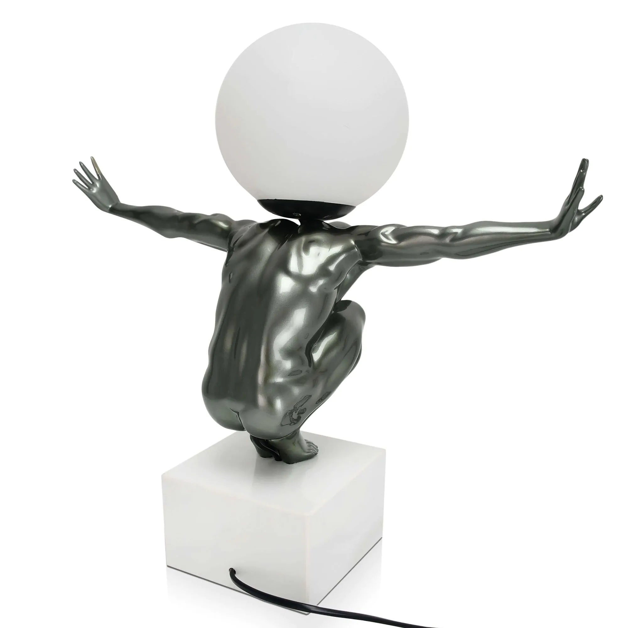 Moderne Tischlampe Equilibrio Anthrazit - Kunstharz mit Metalloptik und Marmorsockel in einer klassischen Einrichtung, ein echter Blickfang und Gesprächsthema.