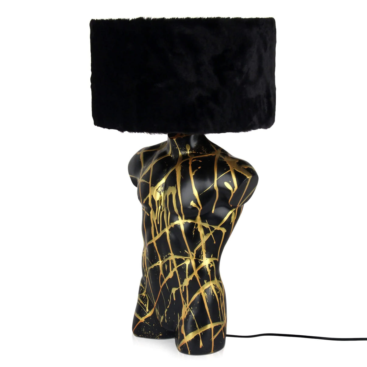 Detailansicht der modernen Tischlampe Manntorso in Schwarz, kombiniert skulpturales Design und luxuriösen Sentetica-Pelz-Lampenschirm für stilvolle Beleuchtung.