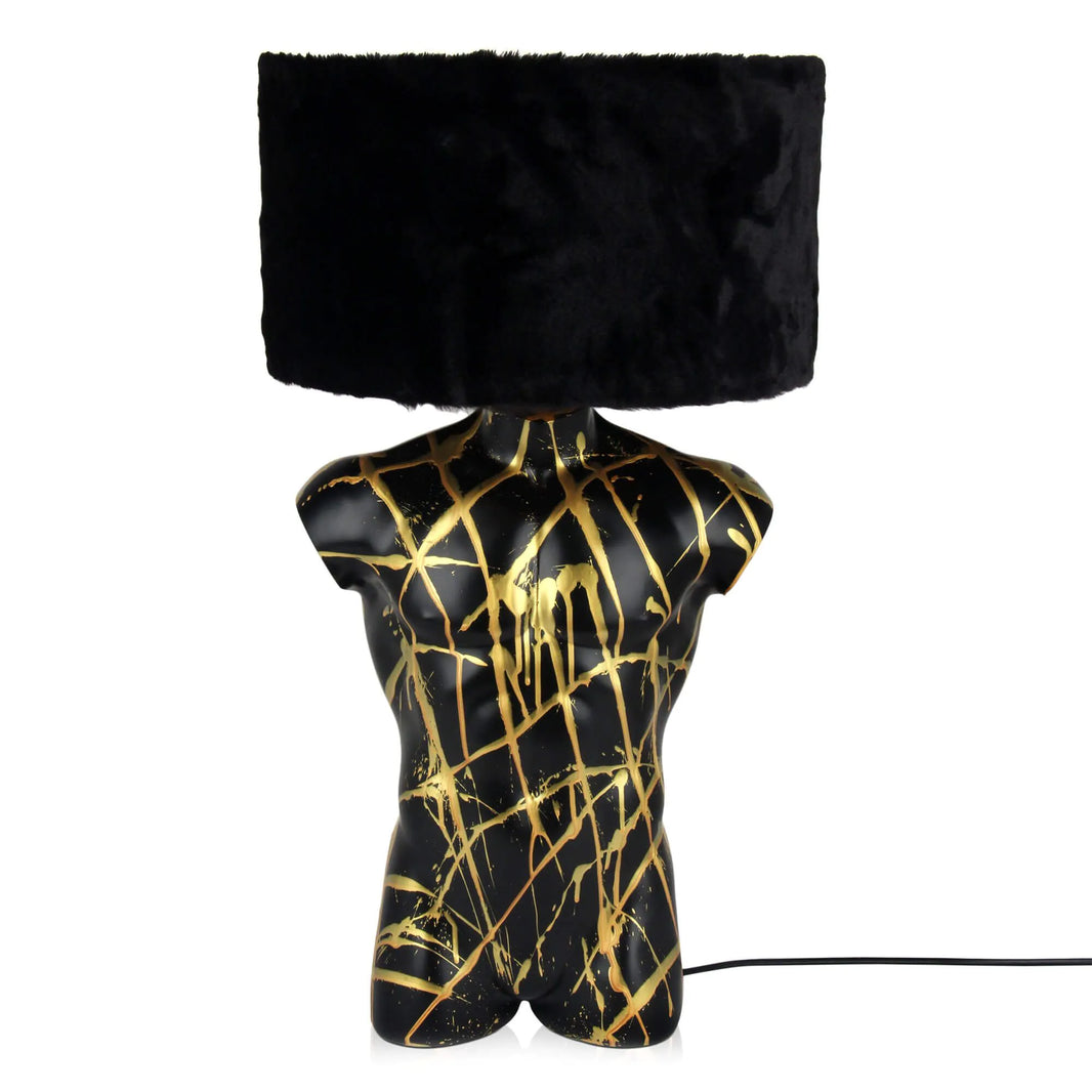 Moderne Tischlampe Manntorso Schwarz mit Pop Art Skulptur und Sentetica-Pelz-Lampenschirm, schafft ein künstlerisches Ambiente in jedem Raum.