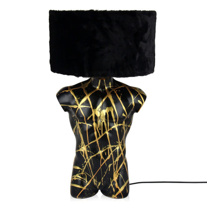 Moderne Tischlampe Manntorso Schwarz mit Pop Art Skulptur und Sentetica-Pelz-Lampenschirm, schafft ein künstlerisches Ambiente in jedem Raum.