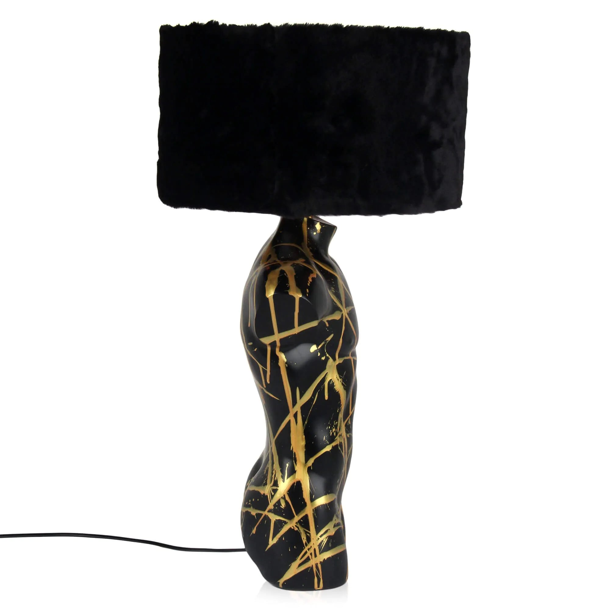 Elegante Tischlampe Manntorso in Schwarz, kombiniert mit einem luxuriösen Sentetica-Pelz-Lampenschirm und Pop Art Elementen.