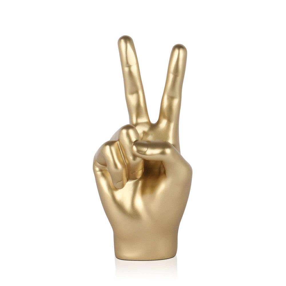 Moderne Figurative Skulptur "Sieg Gold" aus hochwertigem Kunstharz mit Metalleffekt, zeigt ein stilisiertes Handzeichen für Frieden.