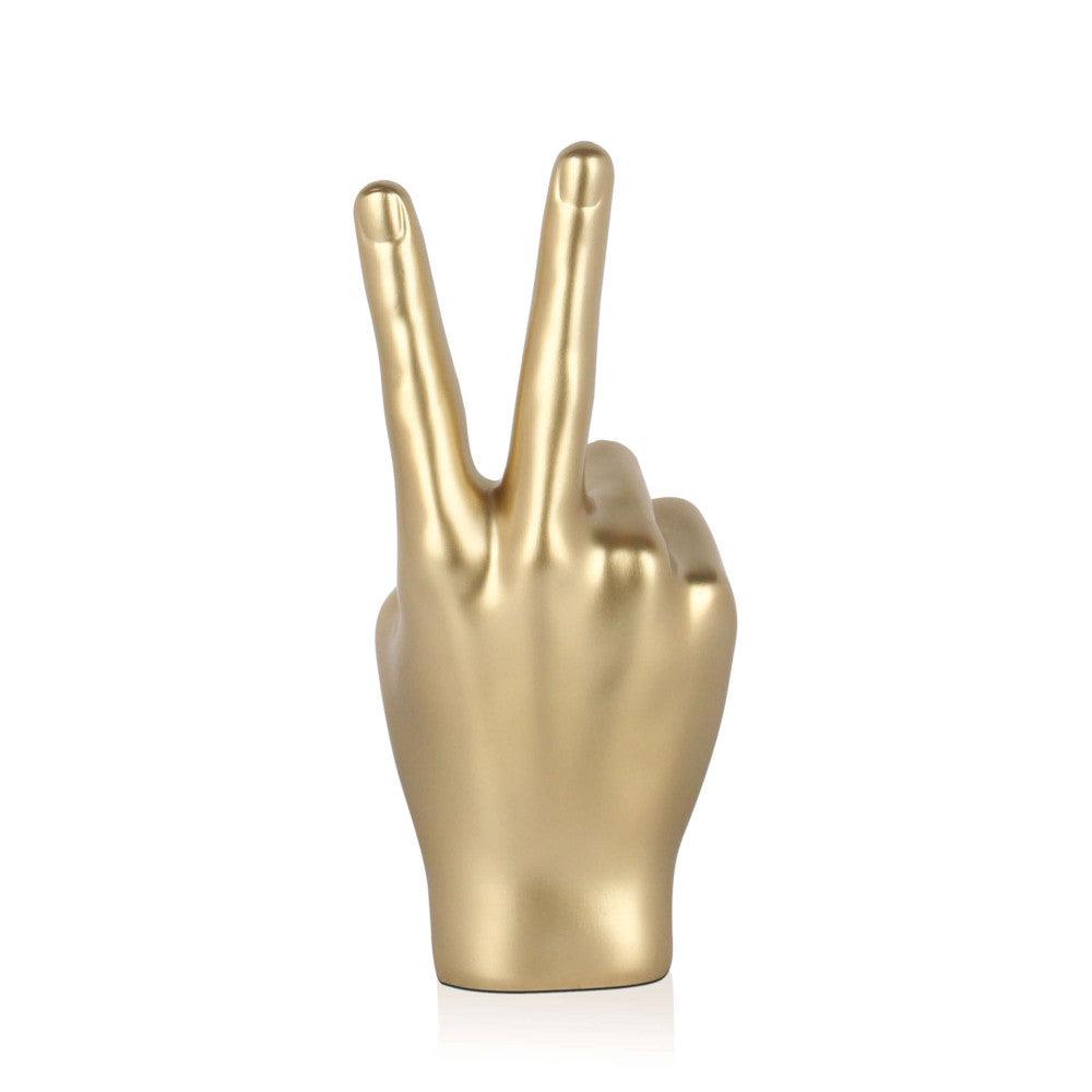 Moderne Figurative Skulptur "Sieg Gold" aus hochwertigem Kunstharz mit Metalleffekt, präsentiert eine elegante Handdarstellung mit dem Zeichen für Frieden.