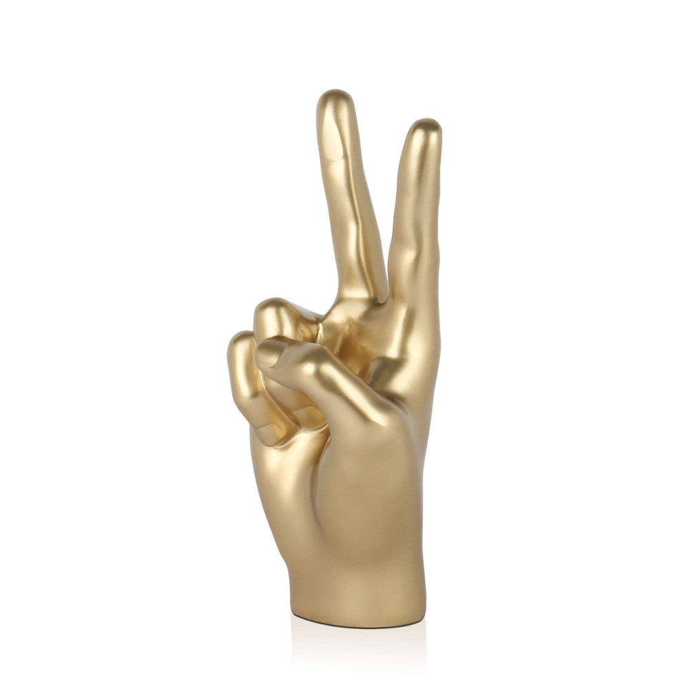 Moderne Figurative Skulptur 'Sieg Gold' aus hochwertigem Kunstharz mit Metalleffekt, Darstellung einer goldenen Hand mit Peace-Zeichen.