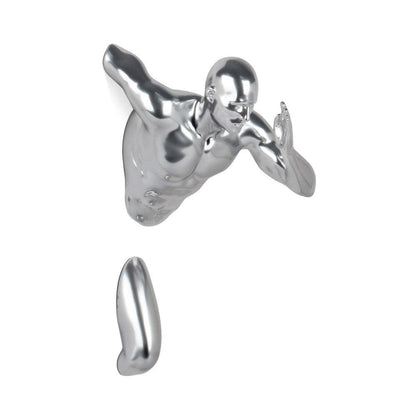 Elegante Figurative Skulptur Silberner Läufer mit Spiegeleffekt aus Kunstharz, die einen dynamischen und modernen Läufer darstellt, ideal für stilvolle Wohnräume.