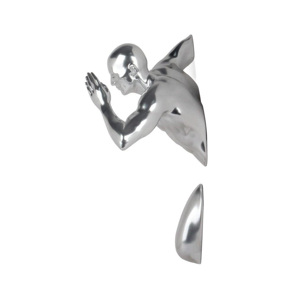 Elegante Figurative Skulptur Silberner Läufer mit Spiegeleffekt aus Kunstharz, zeigt eine dynamische Darstellung einer stilisierten Figur in einem sportlichen Laufpose.