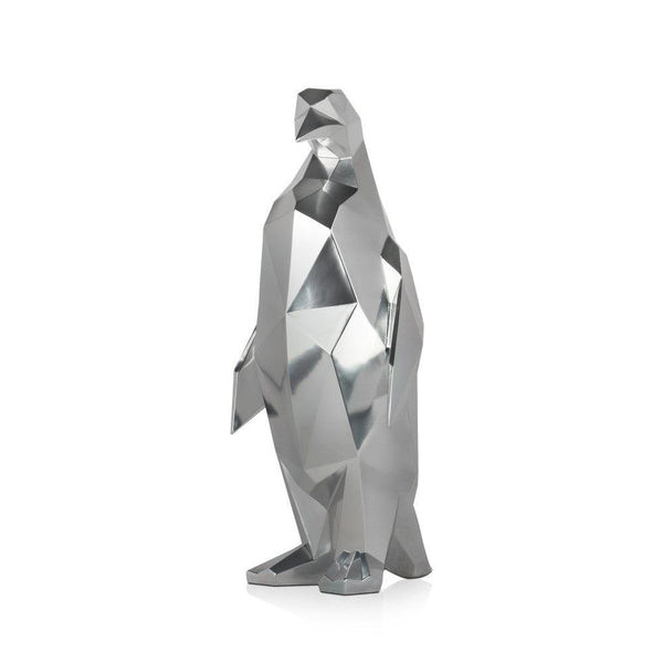 Silberner Pinguin Kunstharzskulptur. Facettierte moderne Skulptur aus Harz, Spiegeleffekt - Designerobjekte.com