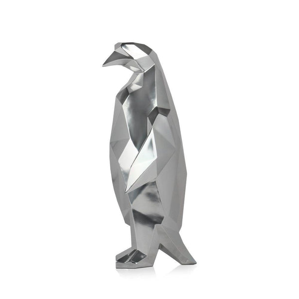 Silberner Pinguin Kunstharzskulptur. Facettierte moderne Skulptur aus Harz, Spiegeleffekt - Designerobjekte.com