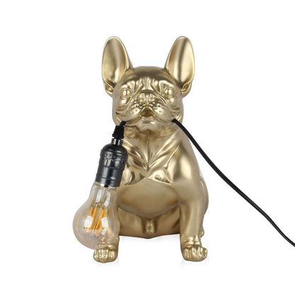 Goldene Französische Bulldogge Tischlampe – Pop Art Skulptur aus Kunstharz mit Metalleffekt, elegant designte Tischlampe in goldfarben, die moderner Kunst verwandelt.