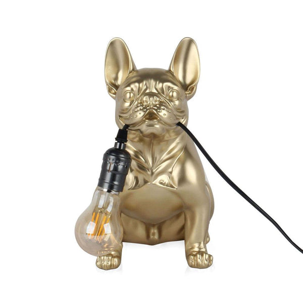 Sitzende französische Bulldogge gold. Tischlampe Skulptur Pop Art aus Harz Metalleffekt. 30 x 28 x 17 cm - Designerobjekte.com