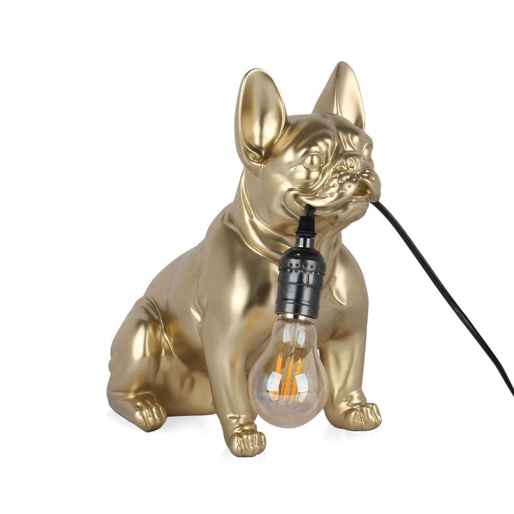Goldene Französische Bulldogge Tischlampe – Pop Art Skulptur aus Kunstharz mit Metalleffekt, stilvolle Lampe mit einzigartigem Design und warmem Licht.