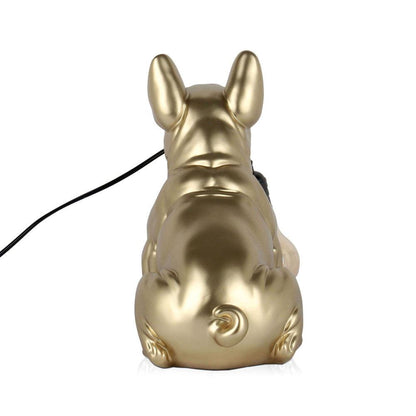 Goldene Französische Bulldogge Tischlampe von hinten gesehen – Pop Art Skulptur aus Kunstharz mit Metalleffekt, Detailansicht der eleganten Rückansicht.
