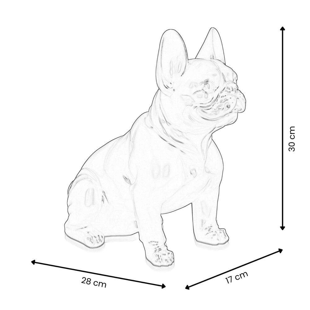 Maßstabsgrafik der Goldene Französische Bulldogge Tischlampe – Pop Art Skulptur aus Kunstharz mit Metalleffekt, mit Abmessungen von 30 x 28 x 17 cm.