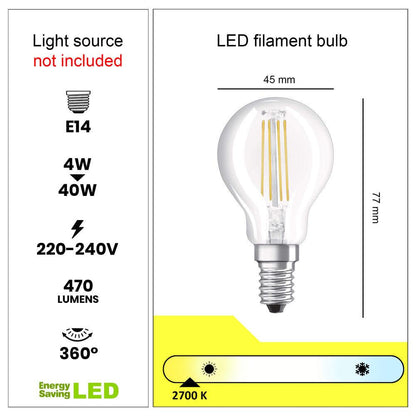 Technische Details der Goldene Französische Bulldogge Tischlampe – inklusive E14 Fassung, 4W LED Filament Glühbirne, 220-240V, 470 Lumens, 2700K Lichtfarbe.