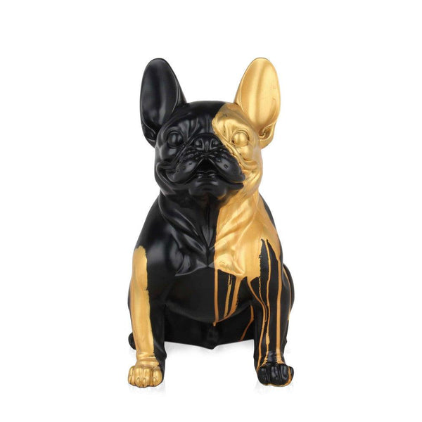 Sitzende französische Bulldogge in gold und schwarz. Skulptur Pop Art aus Harz, von Hand dekoriert - Designerobjekte.com