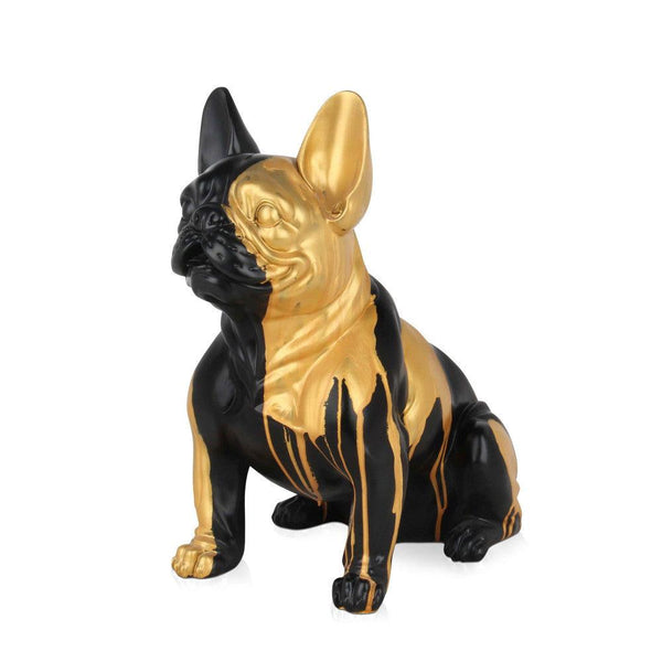 Sitzende französische Bulldogge in gold und schwarz. Skulptur Pop Art aus Harz, von Hand dekoriert - Designerobjekte.com