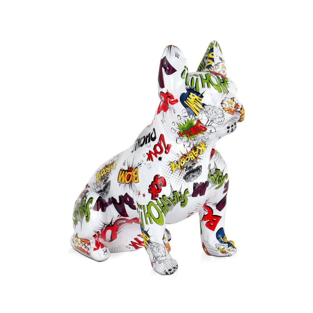 Sitzende Französische Bulldogge in Bunter Pop Art Skulptur aus Harz, Vorderansicht mit lebhaften Farben und Comic-Design.