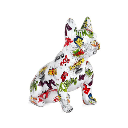 Sitzende Französische Bulldogge in Bunter Pop Art Skulptur aus Harz, Vorderansicht mit lebhaften Farben und Comic-Design.