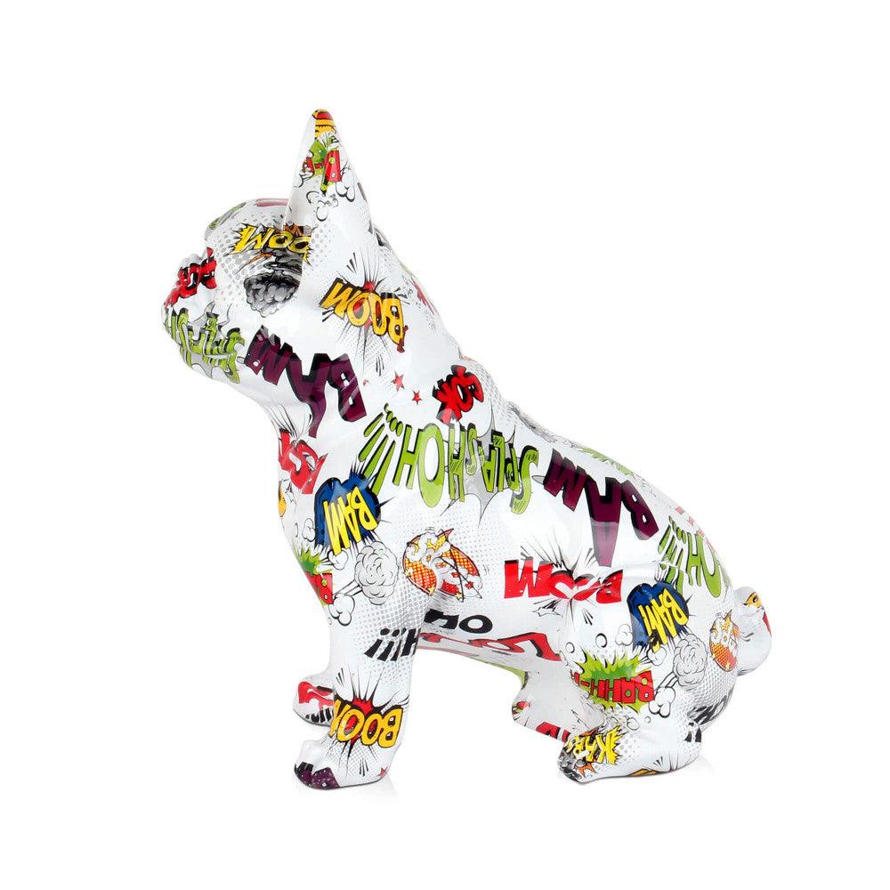 Sitzende Französische Bulldogge in Bunter Pop Art Skulptur aus Harz, Seitenansicht zeigt lebendige, pop-art-inspirierte Farbmuster.