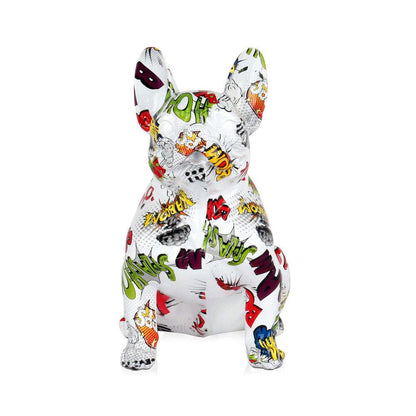 Sitzende Französische Bulldogge in Bunter Pop Art Skulptur aus Harz, Frontalansicht mit künstlerischen Details und kräftigen Farben.
