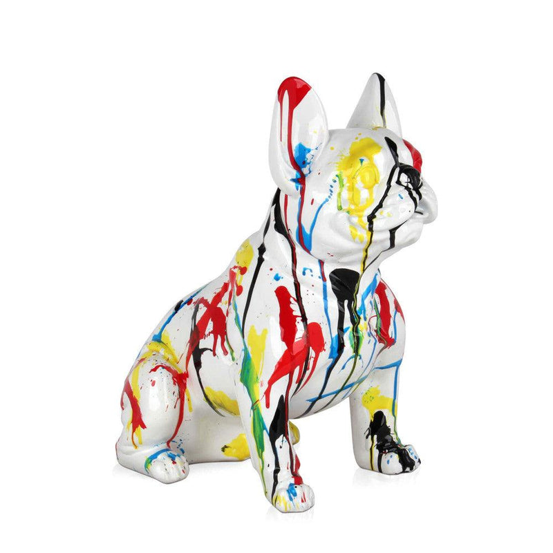 Sitzende französische Bulldogge mehrfarbig. Skulptur Pop Art aus Harz, von Hand dekoriert. .40 x 23 x 41 cm. - Designerobjekte.com