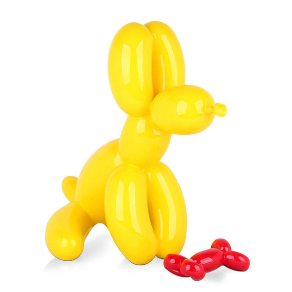 Sitzender Ballonhund mit Knochen. Skulptur Pop Art aus lackiertem Harz. 46 x 31 x 50 cm - Designerobjekte.com