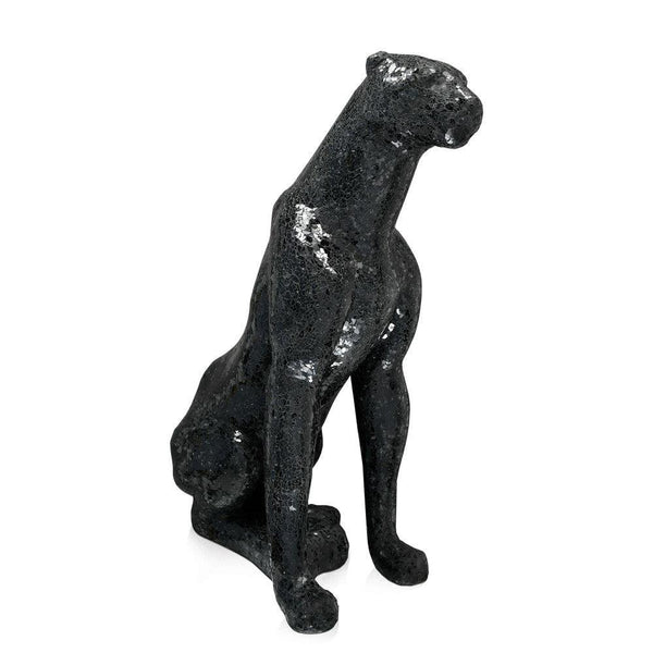 Sitzender Panther schwarz. Skulptur Dekorierten aus gebrochenem Glas. 80 x 30 x 60 cm. - Designerobjekte.com