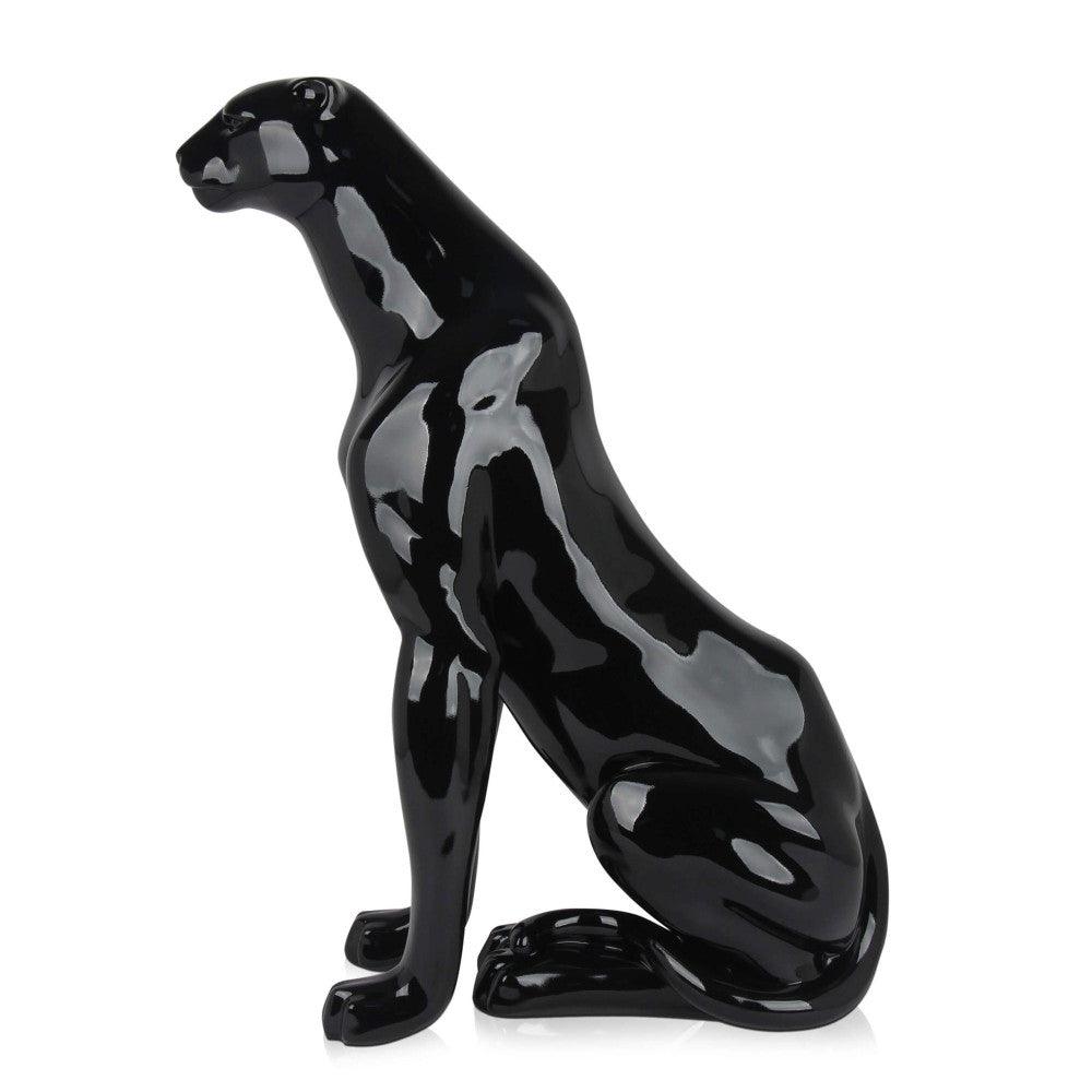 Sitzender Panther Skulptur aus lackiertem Harz – Pop Art Design, detaillierte Seitenansicht der glänzenden Panther-Skulptur