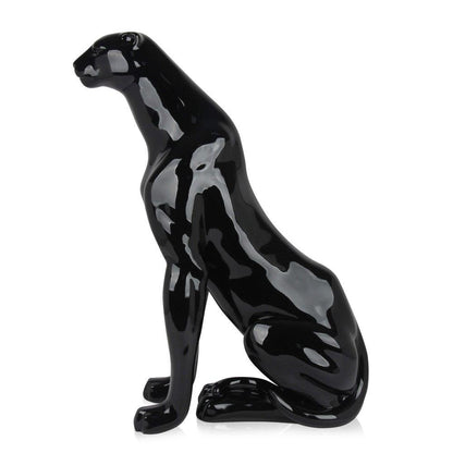 Sitzender Panther Skulptur aus lackiertem Harz – Pop Art Design, detaillierte Seitenansicht der glänzenden Panther-Skulptur