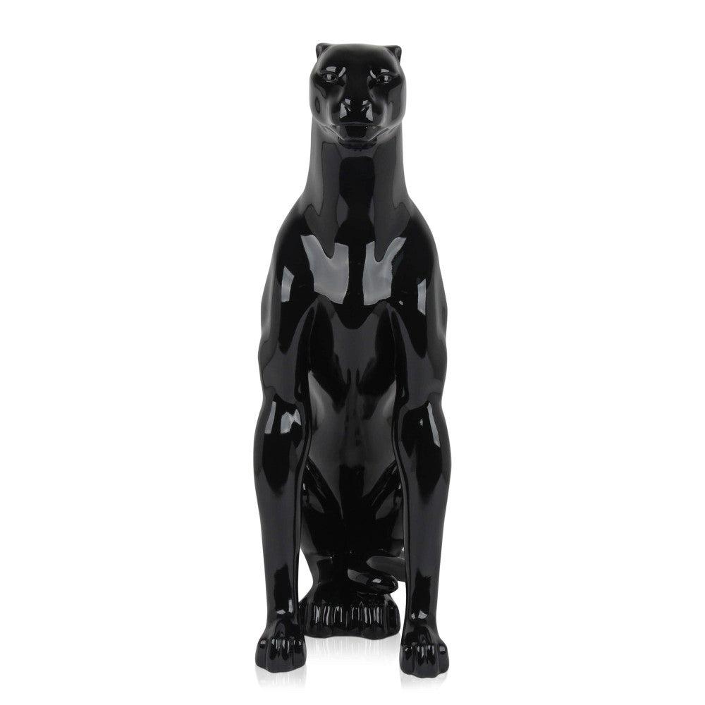 Sitzender Panther Skulptur aus lackiertem Harz – Pop Art Design, frontale Ansicht der stilvollen Panther-Skulptur 78 x 60 x 25 cm