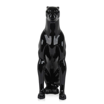 Sitzender Panther Skulptur aus lackiertem Harz – Pop Art Design, frontale Ansicht der stilvollen Panther-Skulptur 78 x 60 x 25 cm