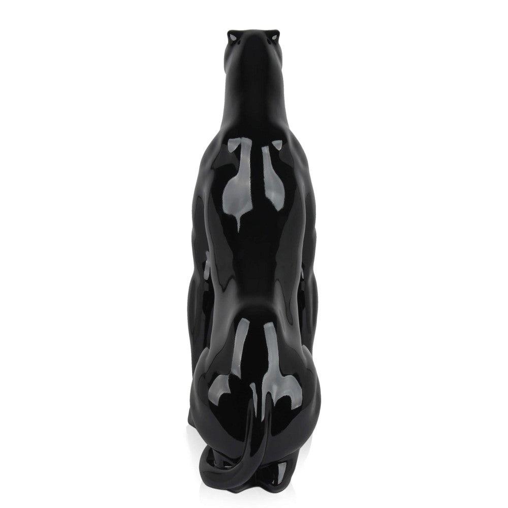 Sitzender Panther Skulptur aus lackiertem Harz – Pop Art Design, rückseitige Ansicht der kunstvoll gestalteten Panther-Figur