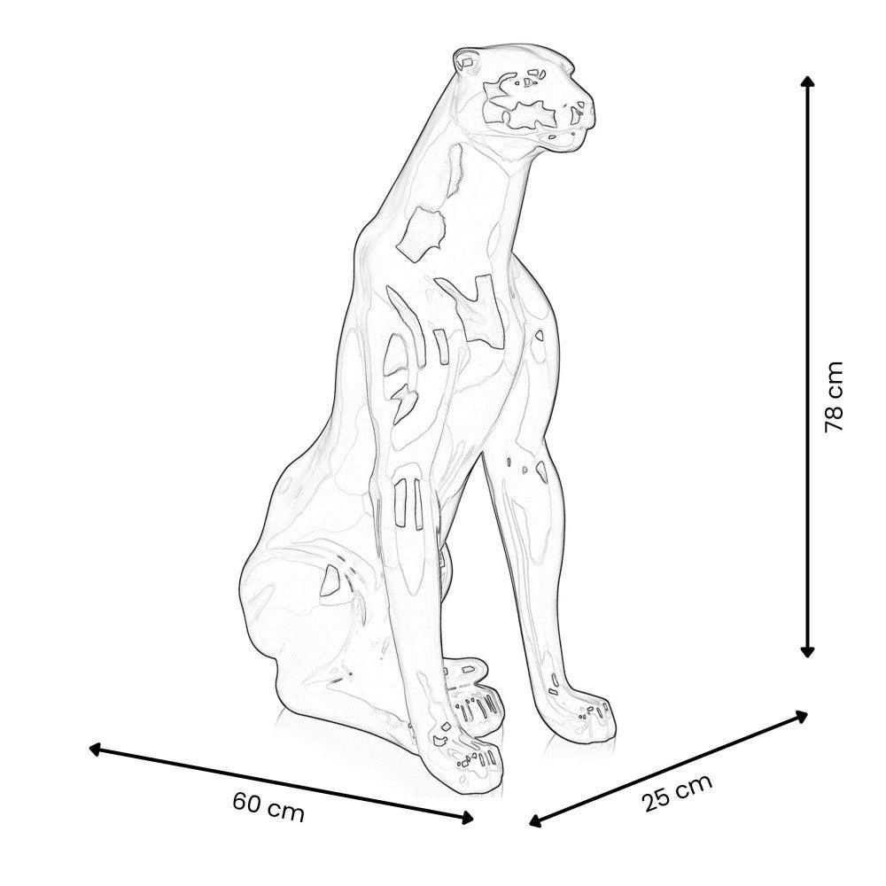 Maßzeichnungen der sitzenden Panther Skulptur aus lackiertem Harz – Pop Art Design, zeigt die Dimensionen 78 x 60 x 25 cm, ideal für stilvolle Innenräume.