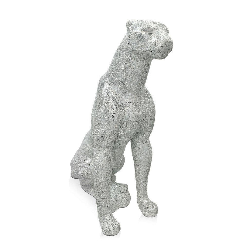 Sitzender Panther silber. Skulptur aus gebrochenem Glas. 80 x 30 x 60 cm. - Designerobjekte.com