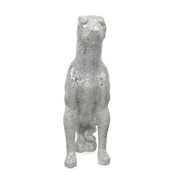 Sitzender Panther silber. Skulptur aus gebrochenem Glas. 80 x 30 x 60 cm. - Designerobjekte.com