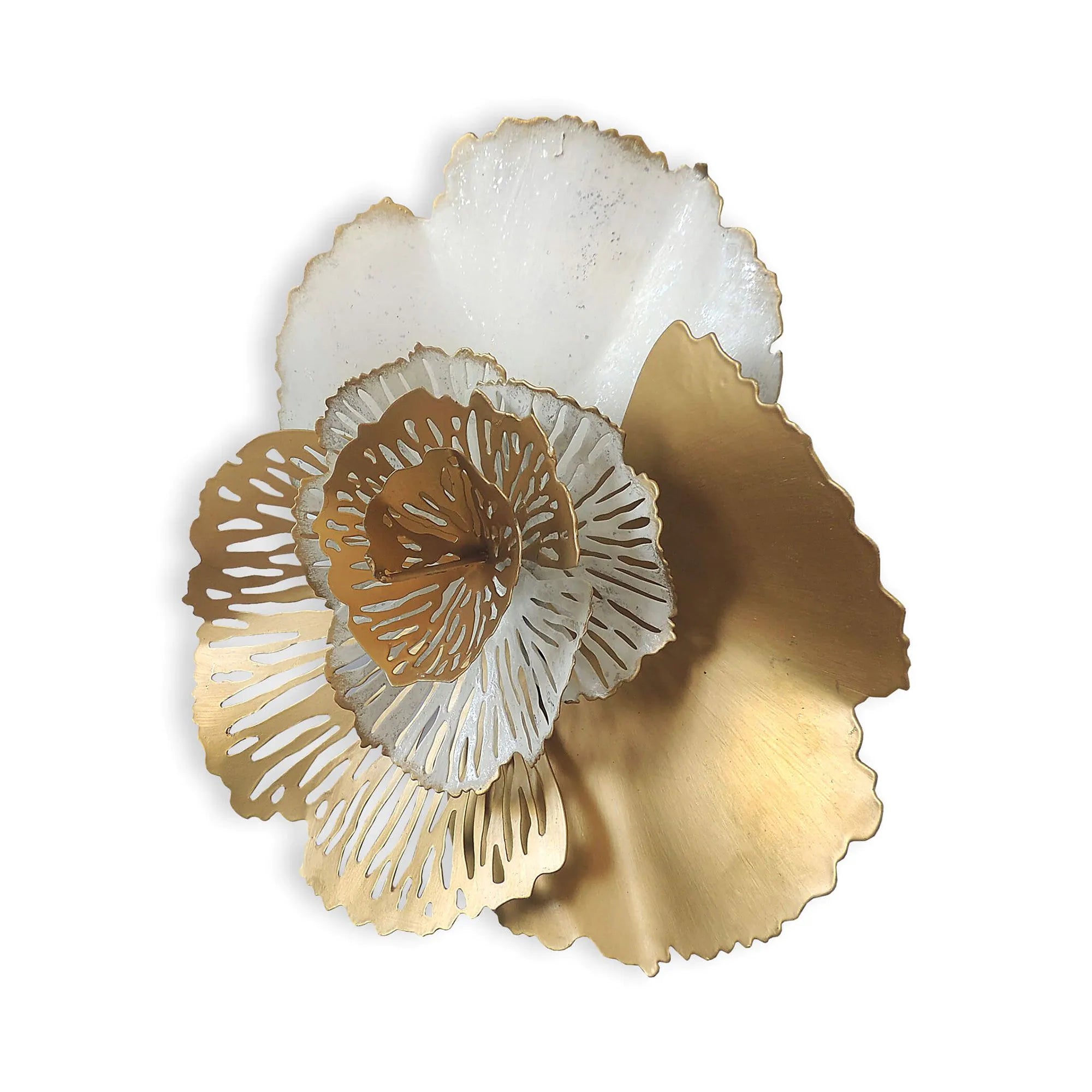 Handgefertigte Wandskulptur: Perforierte Blumen in Gold und Silber – Elegante und glamouröse Wanddekoration, die mit einem Zertifikat für Kunsthandwerk geliefert wird.