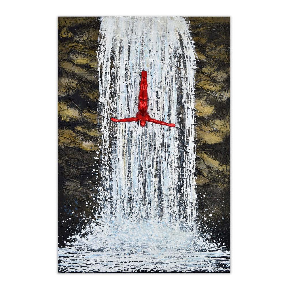Sprung ins Unbekannte: Handgemalte Skulptur mit faszinierendem 3D-Effekt, die einen mutigen Kunstspringer vor einem Wasserfall zeigt.