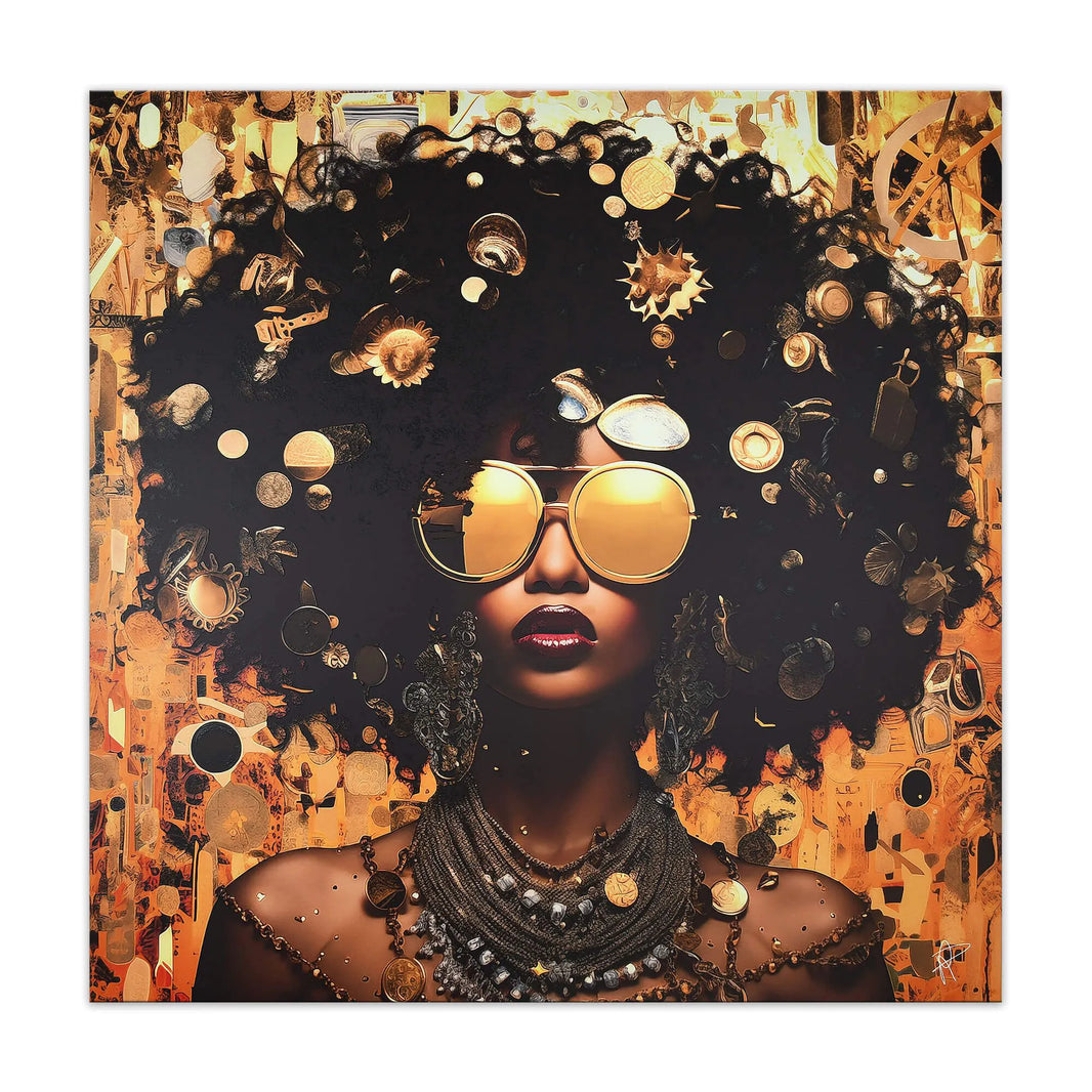Modernes Ethnisches Wandbild Mit 3D-Textur Von Paolo Rossini, eindrucksvolles Portrait einer Frau mit großem Afro und Sonnenbrille, farbenfroh und detailreich.