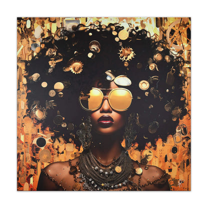 Modernes Ethnisches Wandbild Mit 3D-Textur Von Paolo Rossini, eindrucksvolles Portrait einer Frau mit großem Afro und Sonnenbrille, farbenfroh und detailreich.