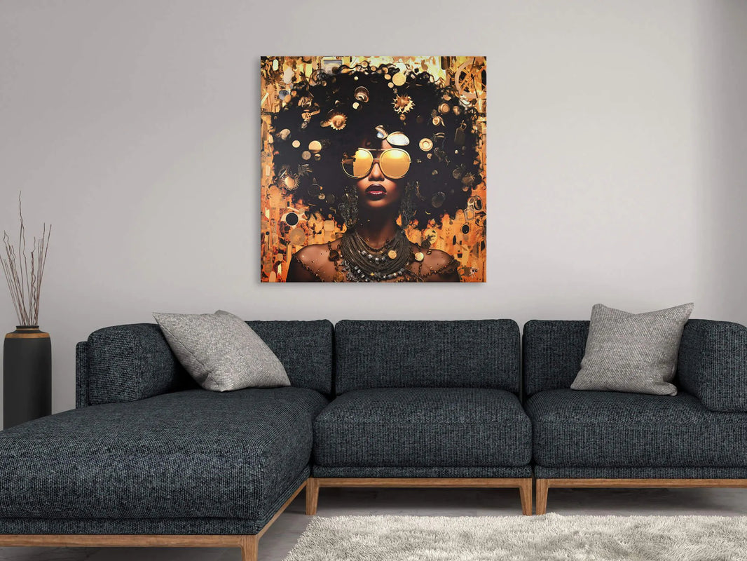 Modernes Ethnisches Wandbild Mit 3D-Textur Von Paolo Rossini, das Kunstwerk hängt über einer stilvollen Couch im modernen Wohnraum.