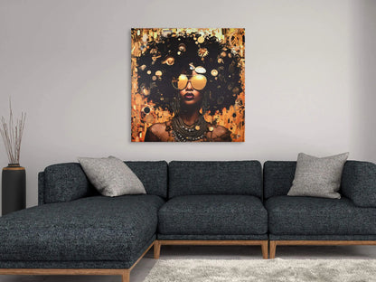 Modernes Ethnisches Wandbild Mit 3D-Textur Von Paolo Rossini, das Kunstwerk hängt über einer stilvollen Couch im modernen Wohnraum.